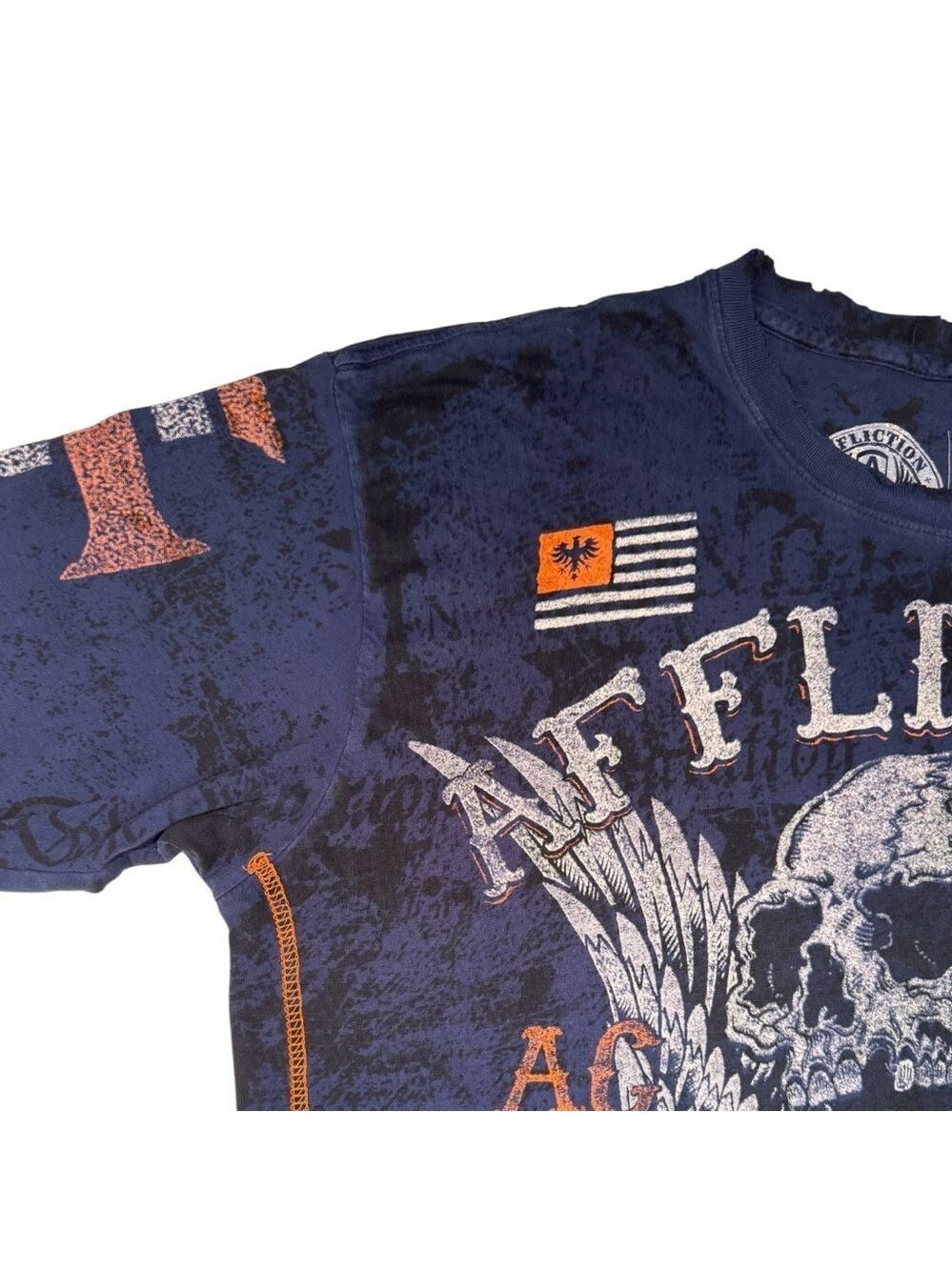 Affliction Destroyed Mens Graphic Tee Skull Dark Blue in His Size XL